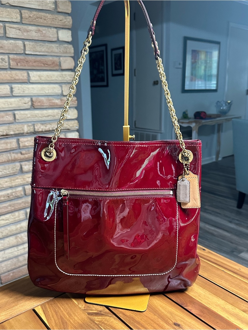 Coach Poppy Glossy Patent Leather Slim Shoulder Bag in Burgundy with Gold Chain